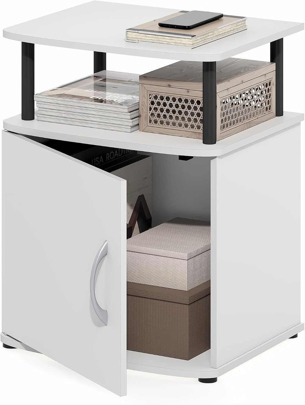 Jaya 2-Tier Side Table, White Closed Storage End Table, Night Stand, Bedside Table for Living Room, Bedroom, Home Office, Plain White/Black