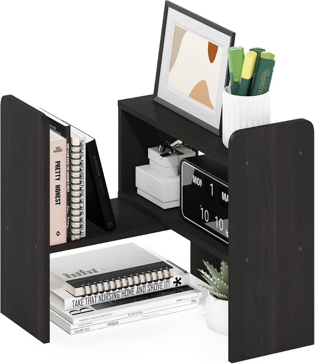 Classic Desktop Organizer Storage Rack Adjustable Free Style Rotation Display Bookshelf, Espresso 6.7D x 23.7W x 15.67H in