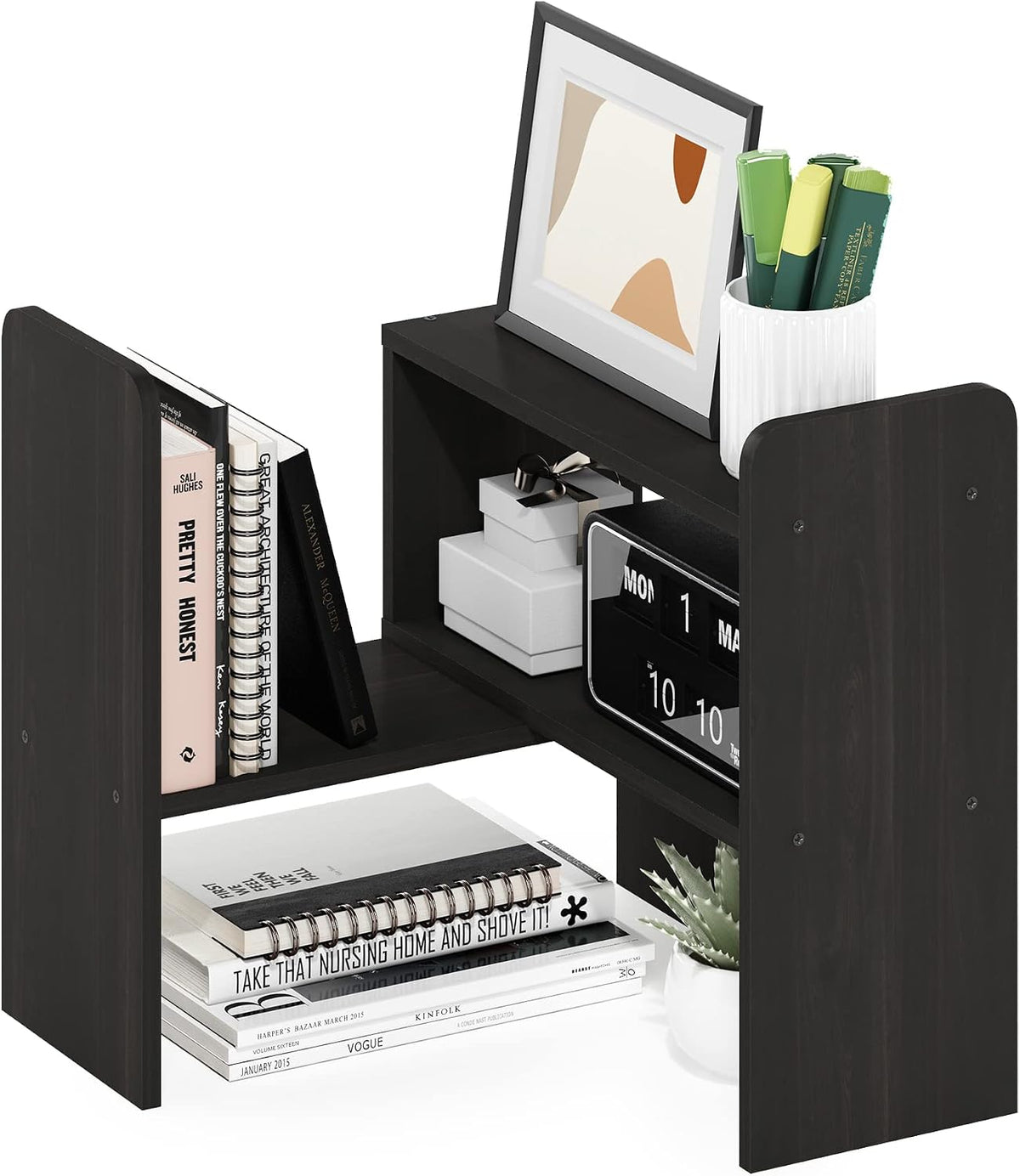Classic Desktop Organizer Storage Rack Adjustable Free Style Rotation Display Bookshelf, Espresso 6.7D x 23.7W x 15.67H in