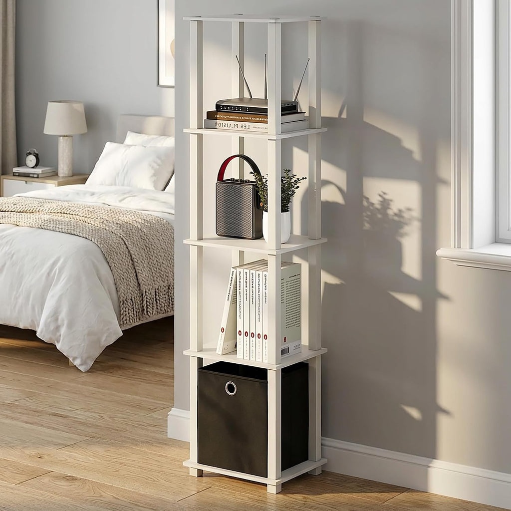 Turn-N-Tube Book Shelf, 5-Tier Square Open Frame Display Shelf, Corner Storage Shelves with Storage Bin, Shelving Unit, for Organization, Living Room, Garage, Home Office, White