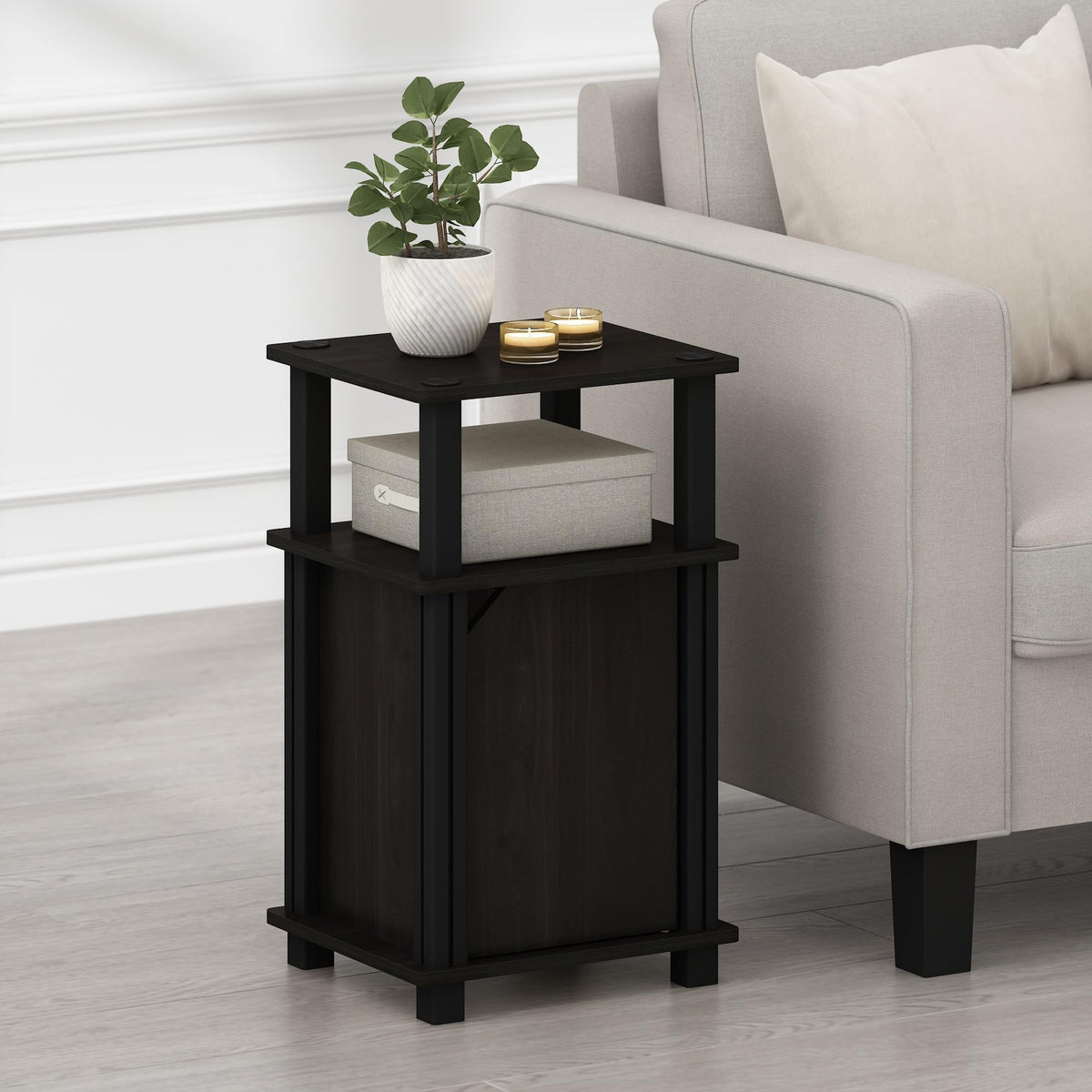 Just 3-Tier Side Table, Grey Closed Storage End Table, Night Stand, Bedside Table for Living Room, Bedroom, Home Office, French Oak/Black