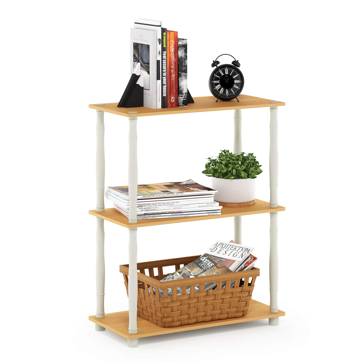 99152BE/WH/IV 3-Tier Go Green Multipurpose Storage Rack Shelving Unit Bookshelf Cabinet with 2 Bins, Beech Finish