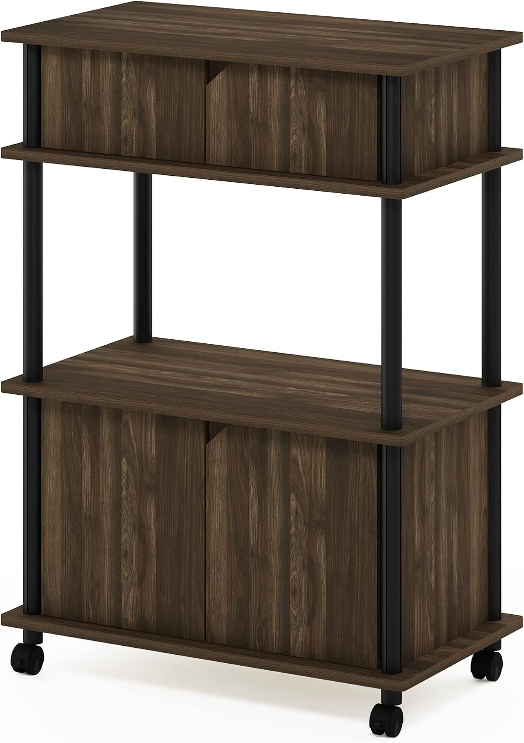 Turn-N-Tube Kitchen Storage Cart with Cabinet and Lockable Wheels, Columbia Walnut/Black