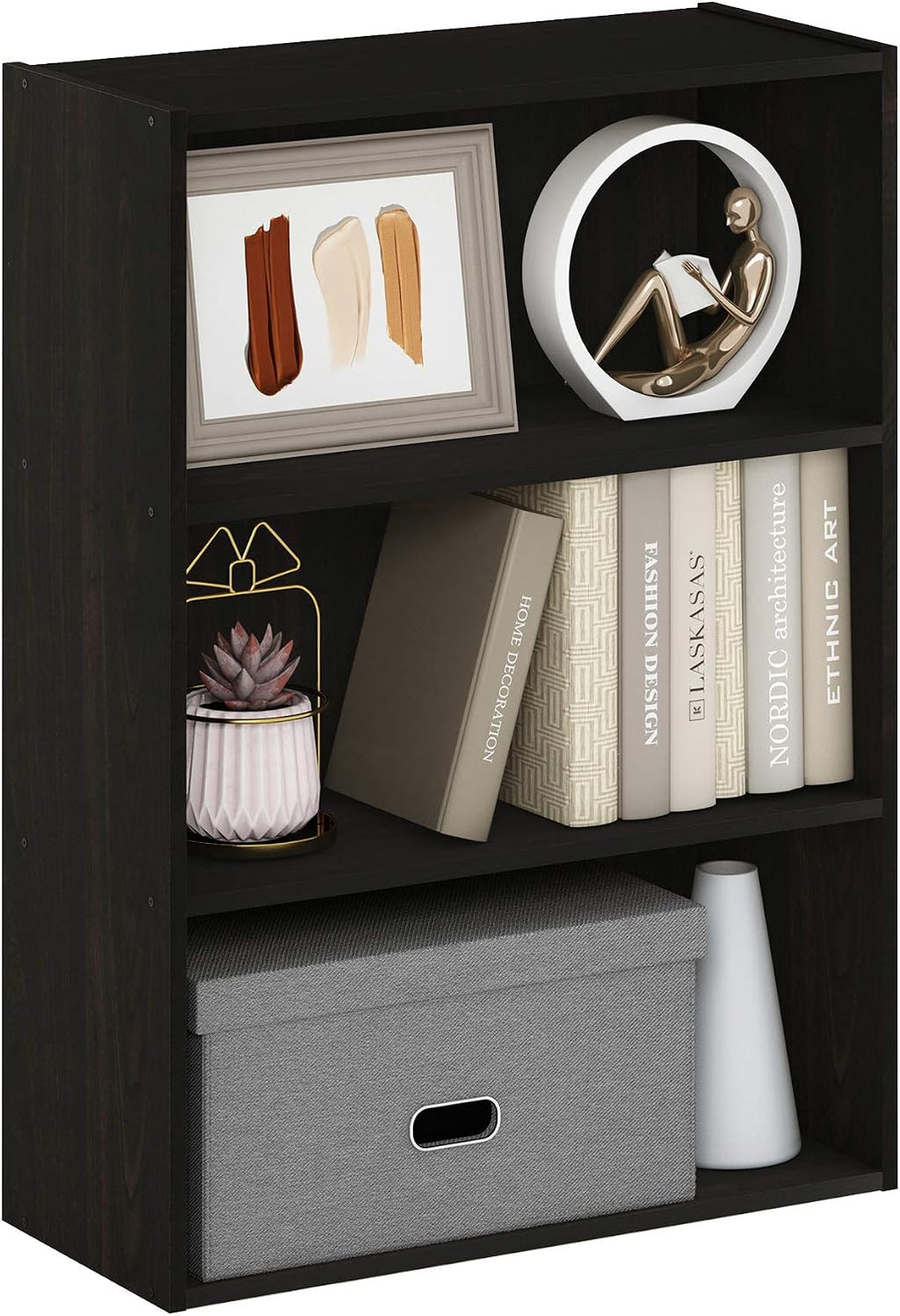 PASIR Book Shelf, 3-Tier Bookshelf, Storage Shelves Bookcase, 9.7 x 23.7 x 31.5, for Living Room, Bedroom, Home Office, Dark Espresso