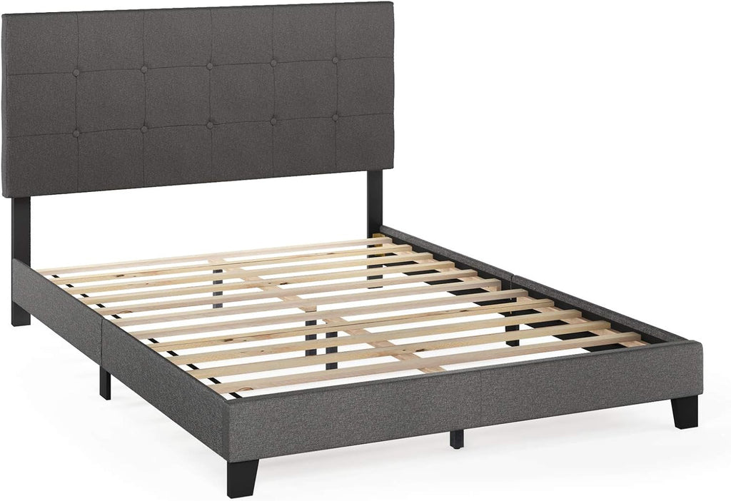 Laval Button Tufted Headboard Bed Frame, Queen Size, Stone