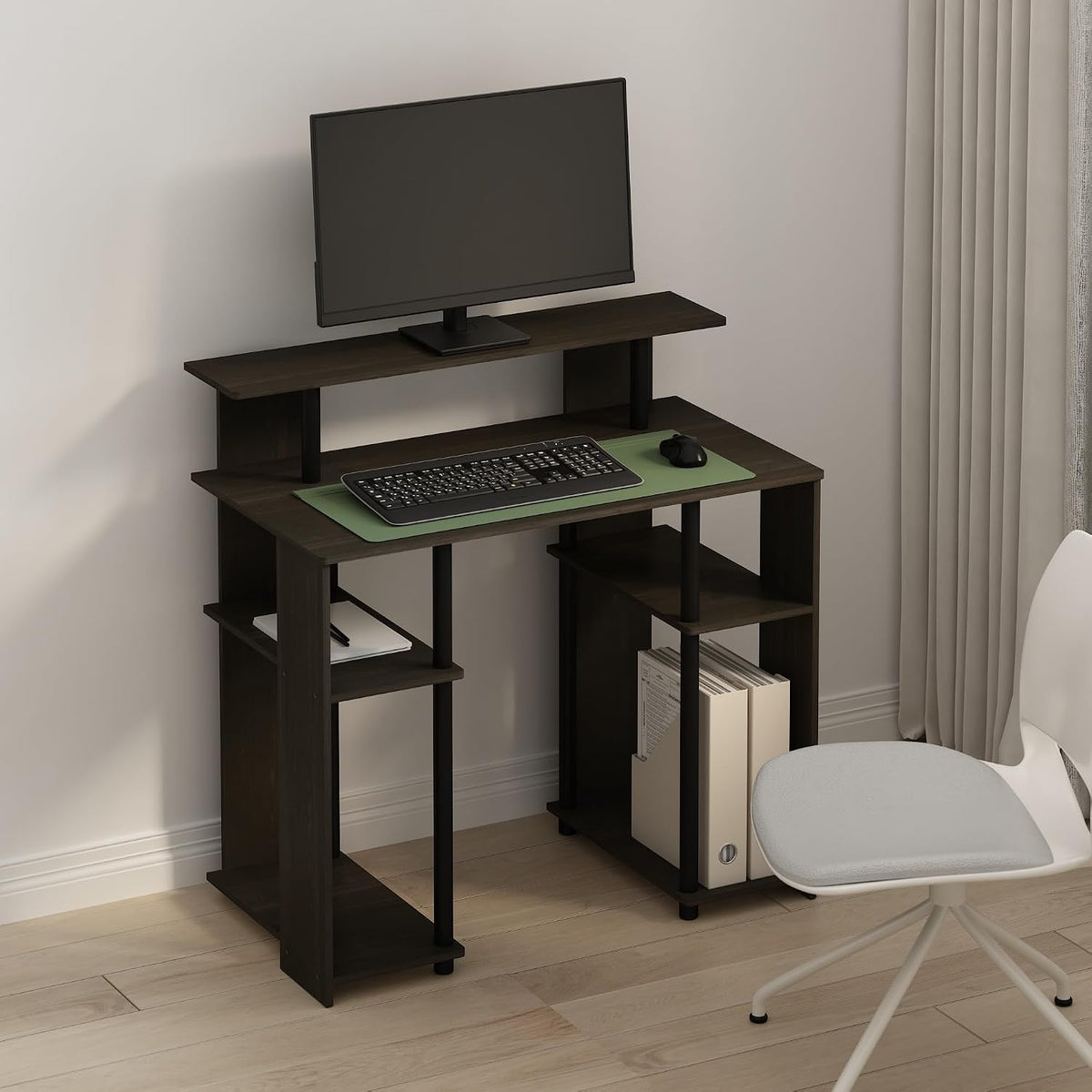 TOMI 35.3" Wide Desk with Hutch and Storage Shelves, Walnut