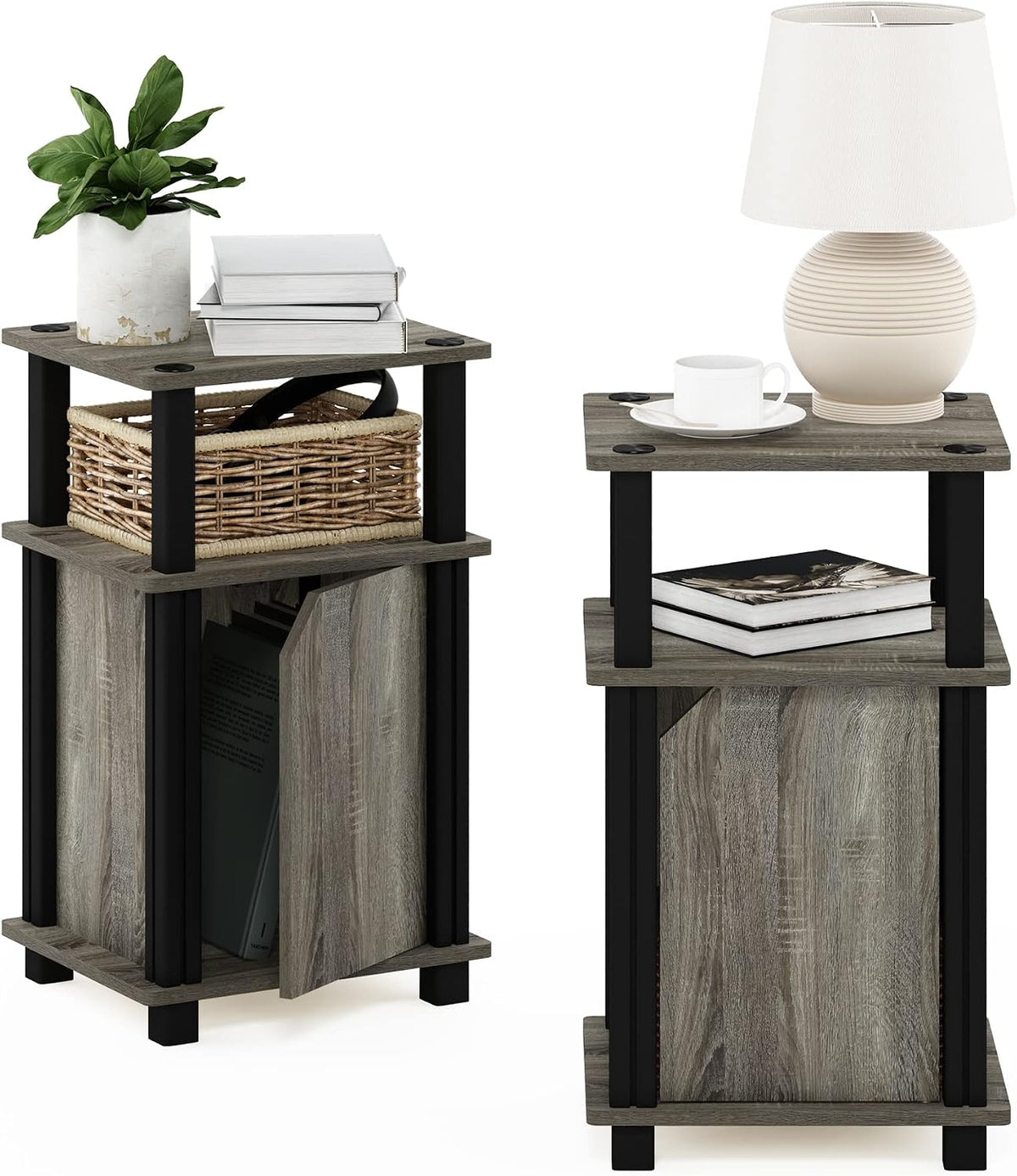 JUST Set of 2 3-Tier Night Stand with Door Cabinet, French Oak