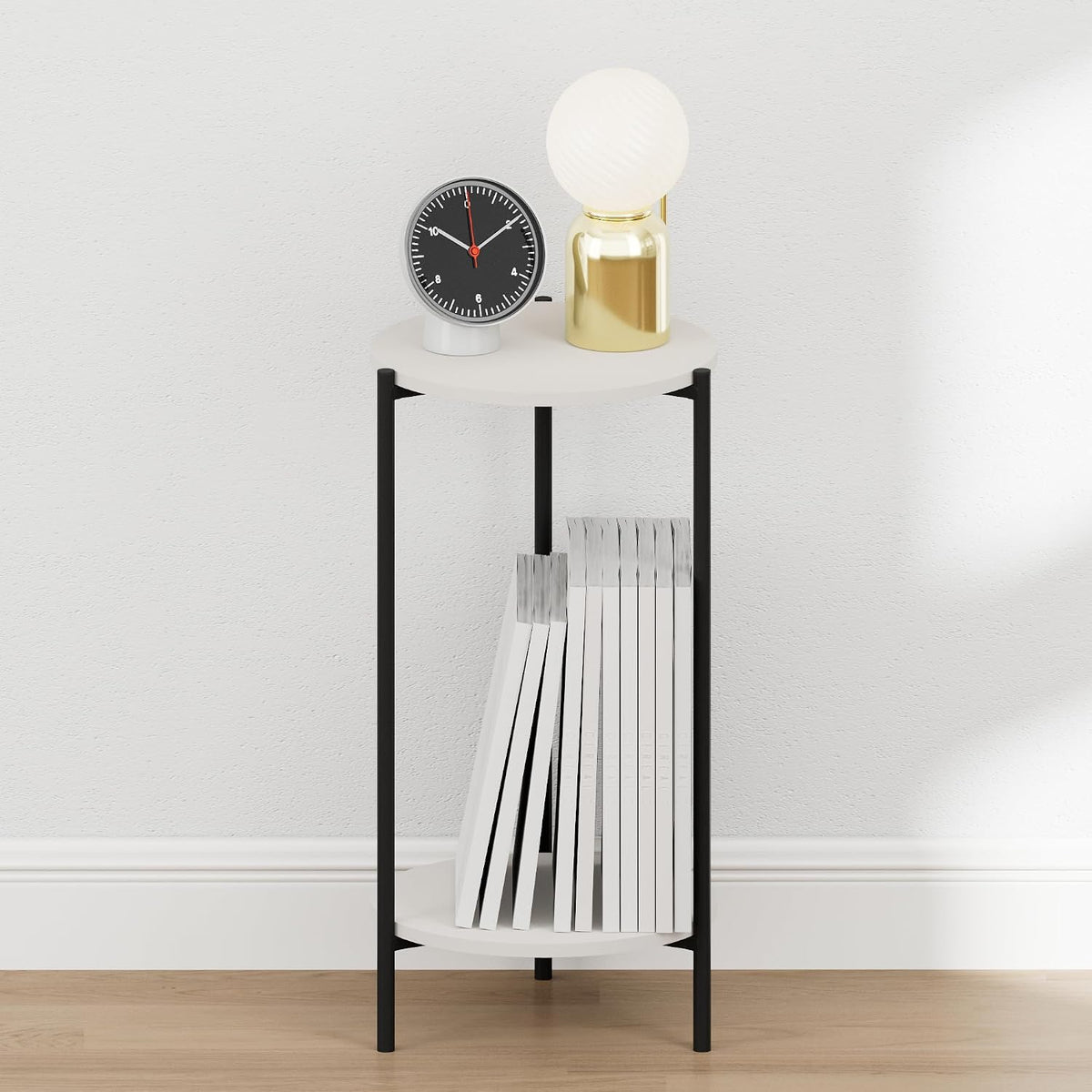 BESI Night Stand, 2-Tier Tall Round Nightstand, Metal Frame Narrow End Table with Open Shelf, Side Table, Bedside Table, for Bedroom, Closet, Dorm, White