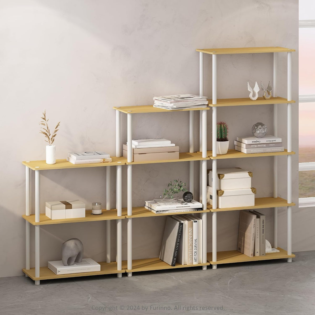 Turn-N-Tube Book Shelf, 3-Tier Bookshelf, Bookcase with Multipurpose Compact Display Rack, 11.6 x 23.6 x 29.6, for Living Room, Bedroom, Home Office, Beech