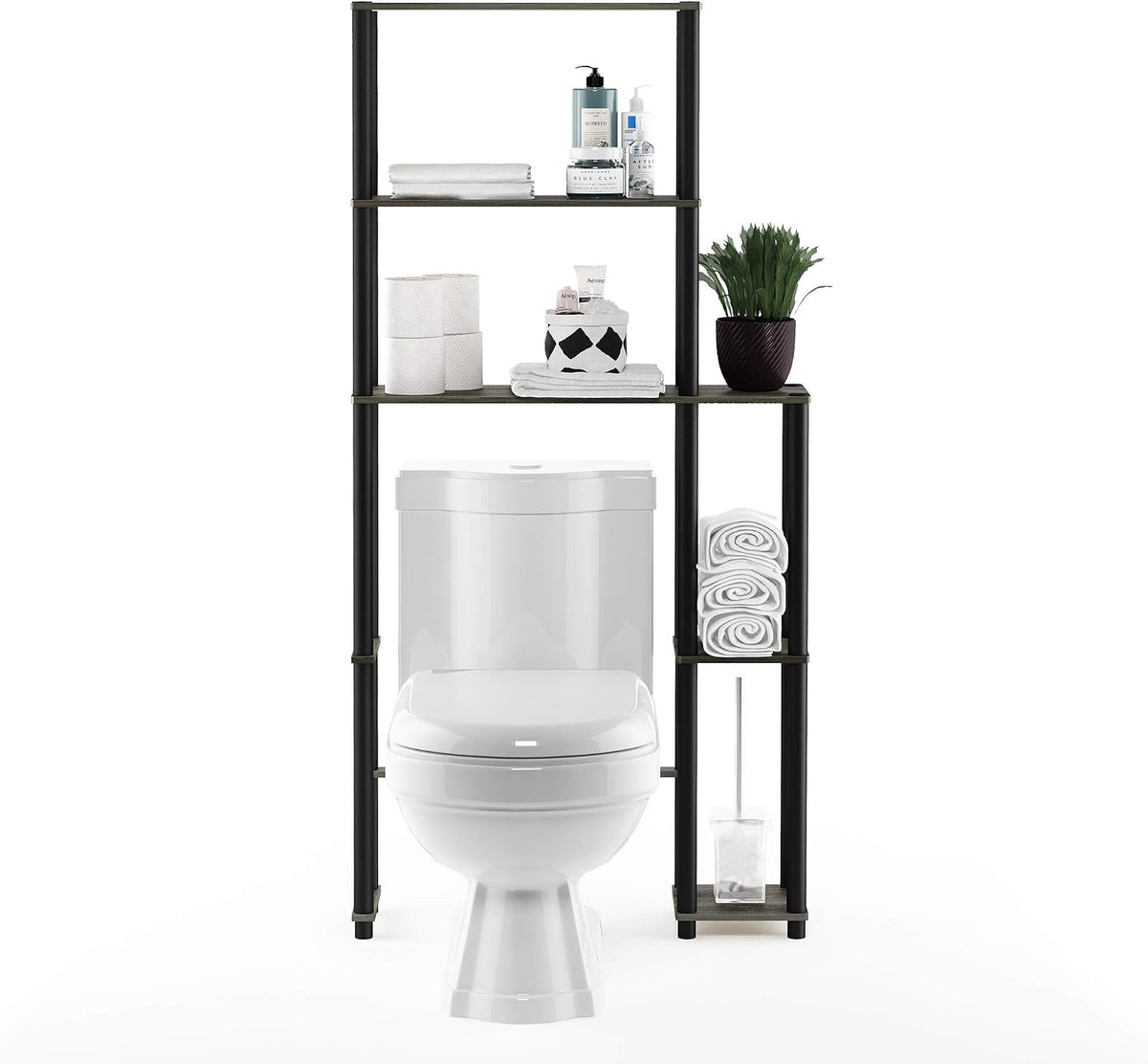 Turn-N-Tube Over The Toilet Storage, 5 Shelves Bathroom Organizer Space Saver Rack, French Oak Grey/Black