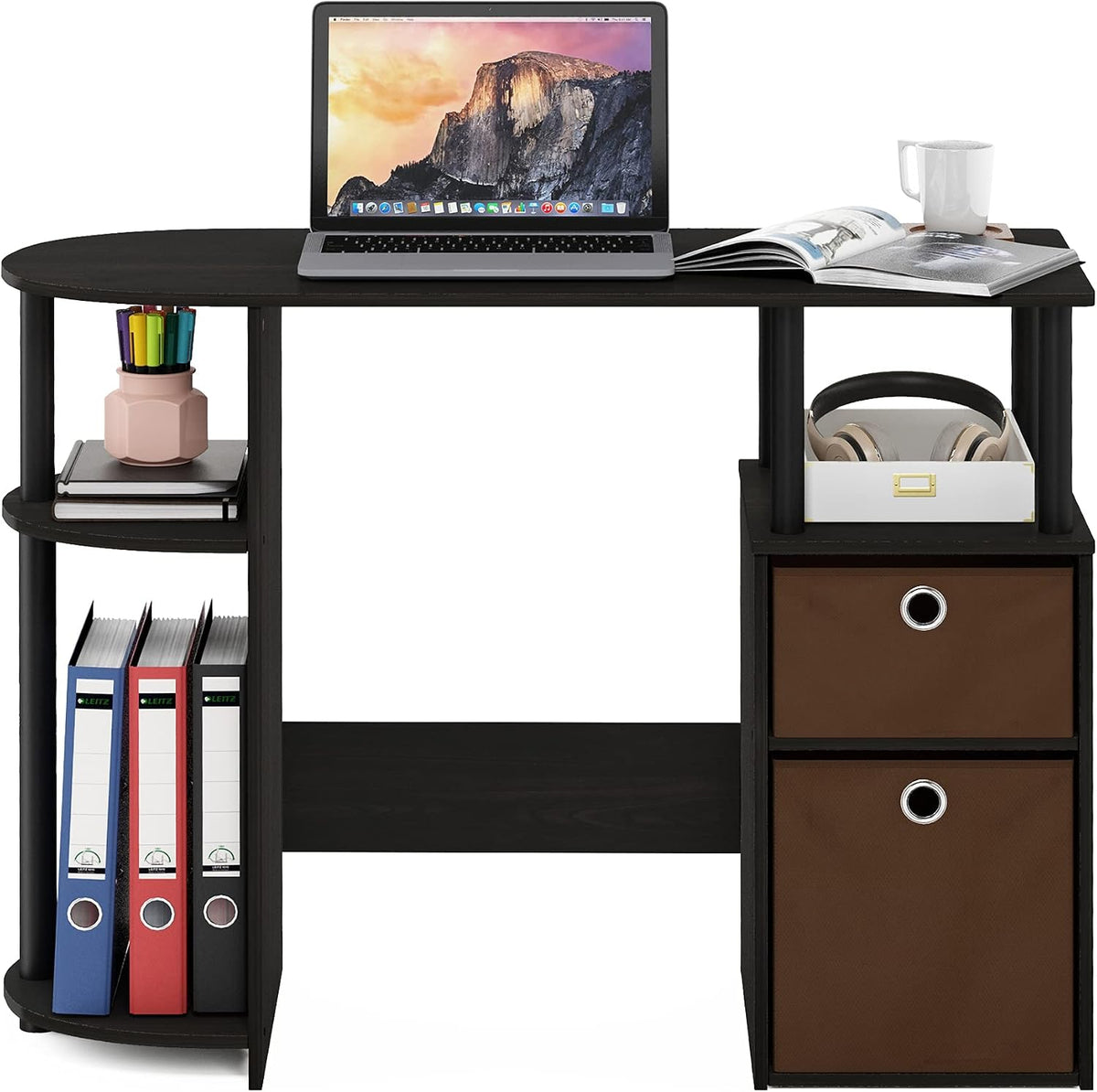 JAYA Desk, 38.4" Wide Gaming Desk with Bin Drawers, Computer Desk with Side Shelf, Office Desk for Study, Home Office, Bedroom, Dorm, Study Room, Espresso