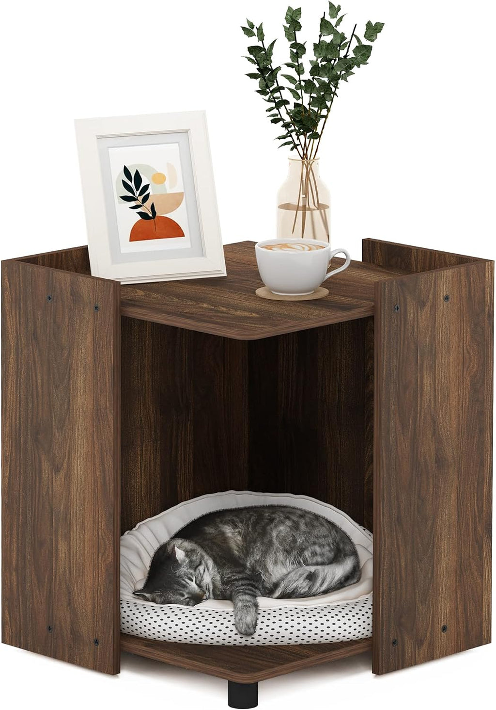 PELI Cat Litter Box Enclosure, 17" Square Hidden Litter Box Furniture with Open Storage, Wooden Pet House, Easy Assembly, for Living Room, Columbia Walnut