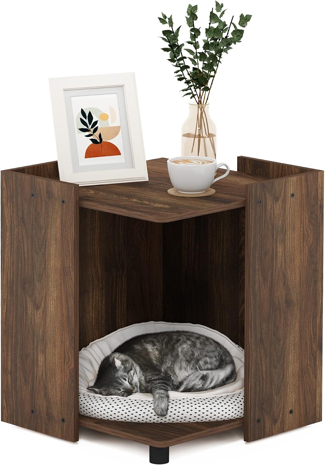 PELI Cat Litter Box Enclosure, 17" Square Hidden Litter Box Furniture with Open Storage, Wooden Pet House, Easy Assembly, for Living Room, Columbia Walnut