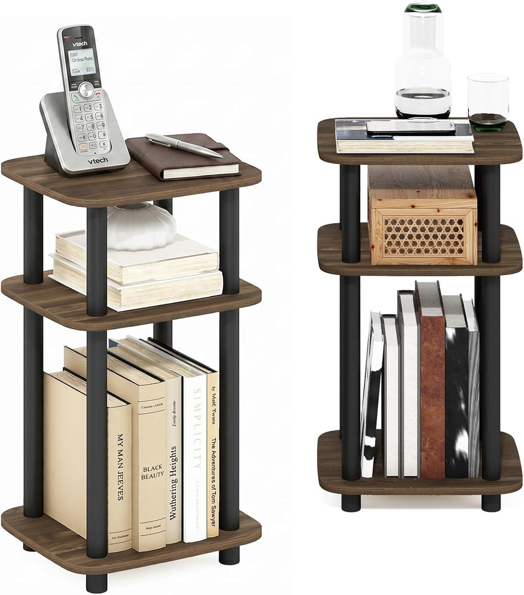 JUST 3-Tier Telephone Table Set of 2, Turn-N-Tube Toolless Side Table with Open Shelf, Round Curve Corner Night Stand, Bedside Table, for Living Room, Bedroom, Columbia Walnut