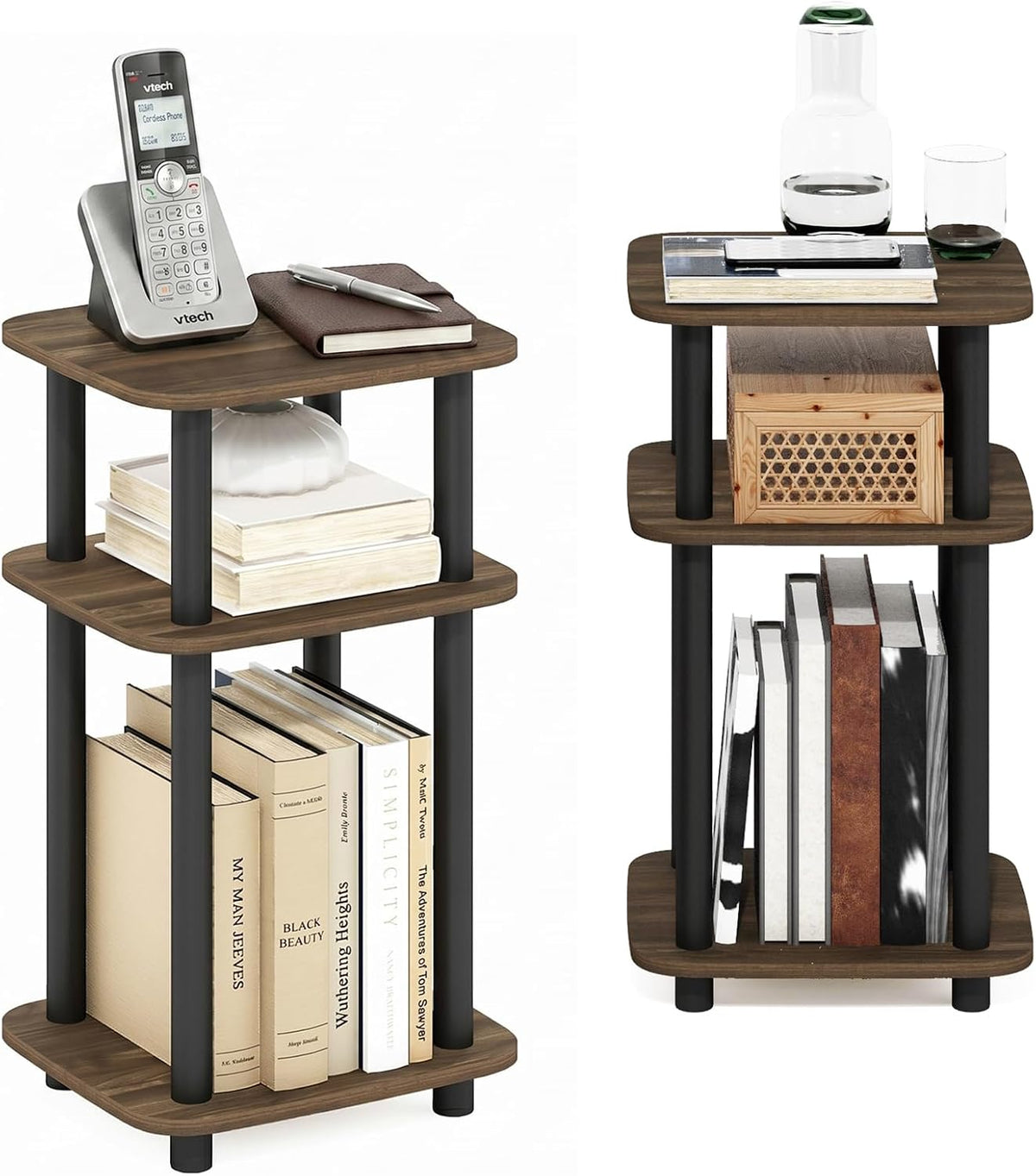 JUST 3-Tier Telephone Table Set of 2, Turn-N-Tube Toolless Side Table with Open Shelf, Round Curve Corner Night Stand, Bedside Table, for Living Room, Bedroom, Columbia Walnut
