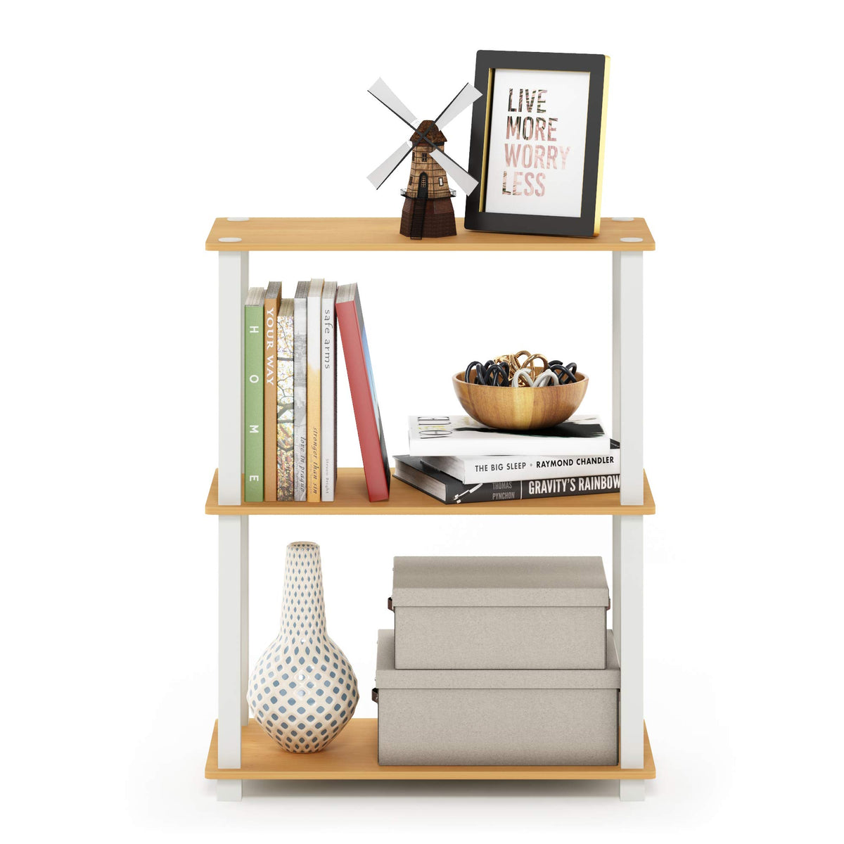 99152BE/WH/IV 3-Tier Go Green Multipurpose Storage Rack Shelving Unit Bookshelf Cabinet with 2 Bins, Beech Finish