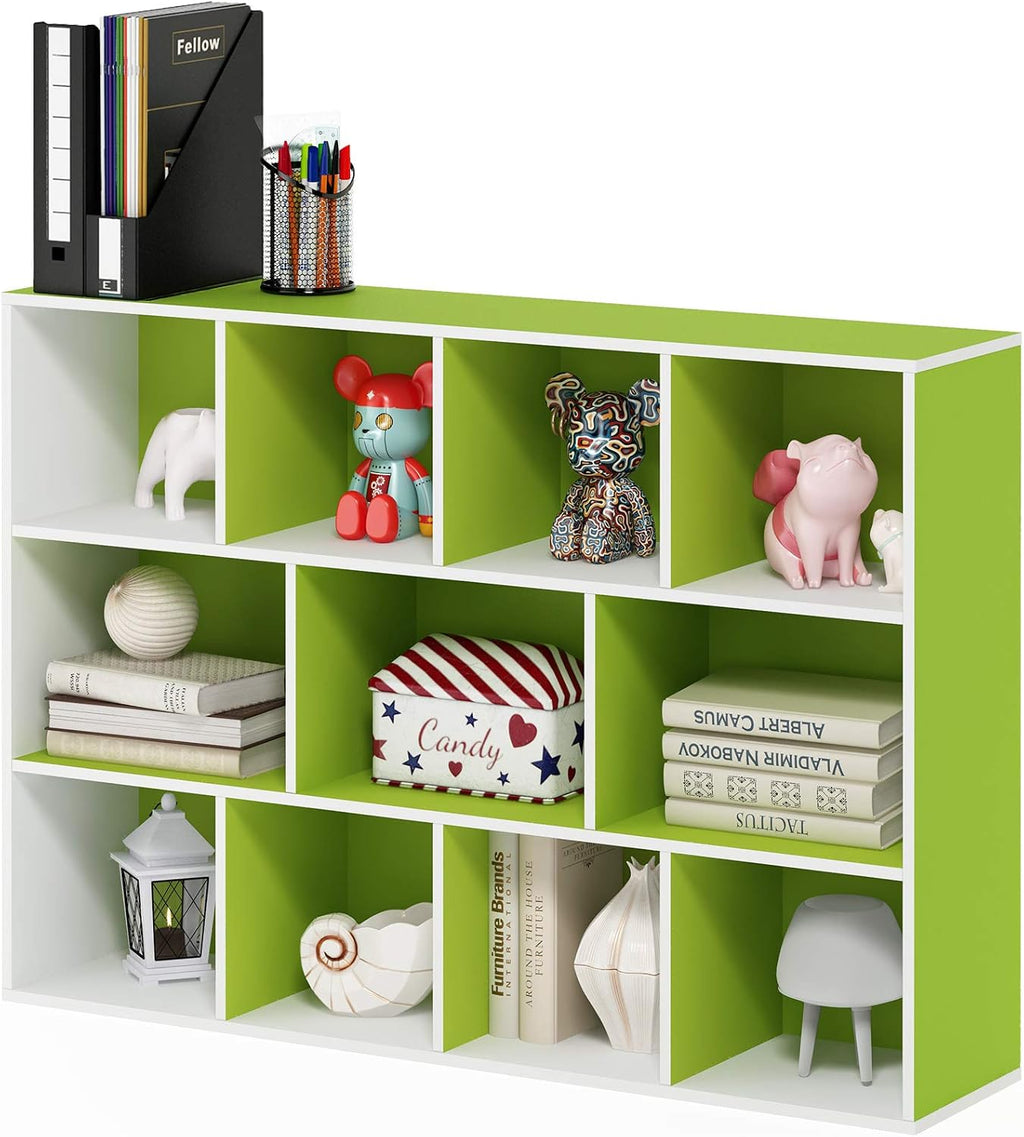LUDER Book Shelf, 11-Cube Bookshelf, Reversible Bookcase, 9.4 x 29.1 x 41.7, Easy Assembly, for Living Room, Bedroom, Home Office, White/Green