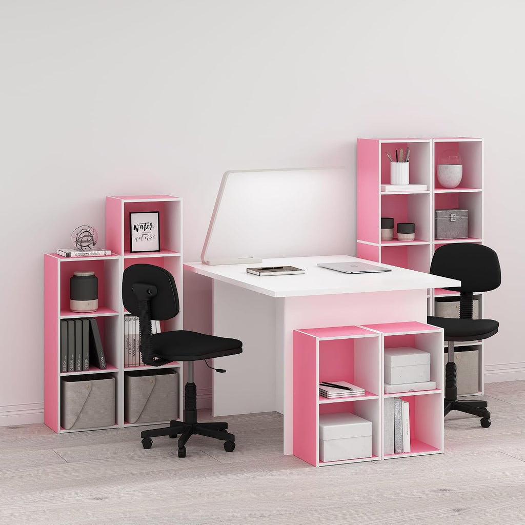 PASIR Book Shelf, 2-Tier Modern Bookshelf, Open Shelves Bookcase 9 x 12 x 21, Easy Assembly, for Living Room, Bedroom, Home Office, Pink/White