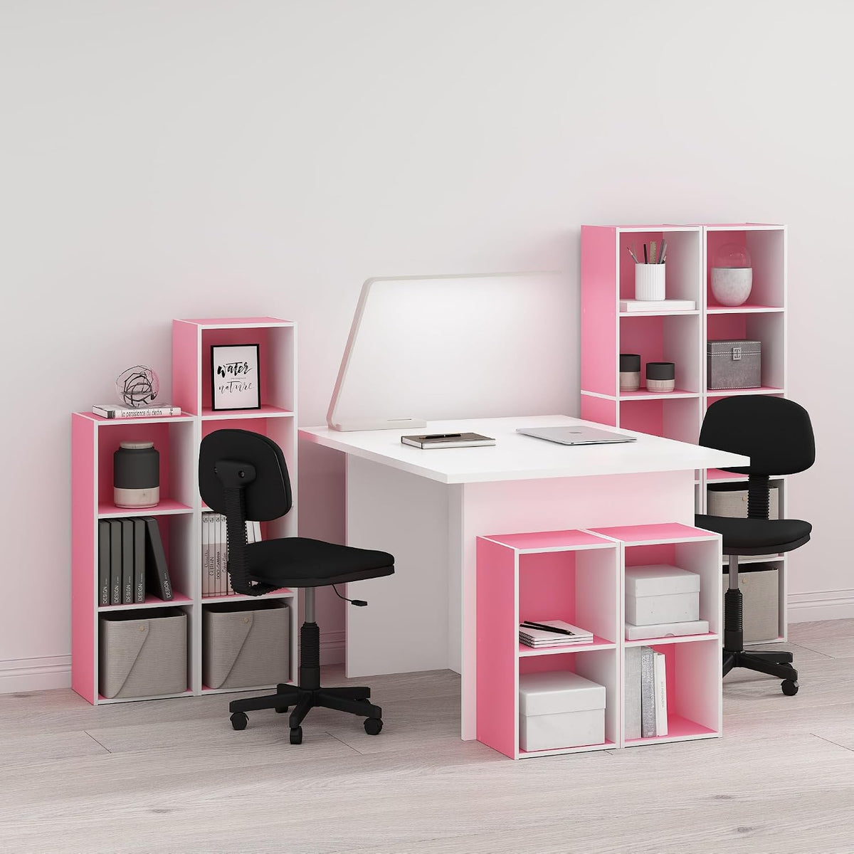 PASIR Book Shelf, 2-Tier Modern Bookshelf, Open Shelves Bookcase 9 x 12 x 21, Easy Assembly, for Living Room, Bedroom, Home Office, Pink/White