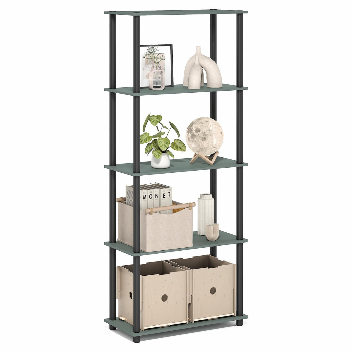 99152BE/WH/IV 3-Tier Go Green Multipurpose Storage Rack Shelving Unit Bookshelf Cabinet with 2 Bins, Beech Finish