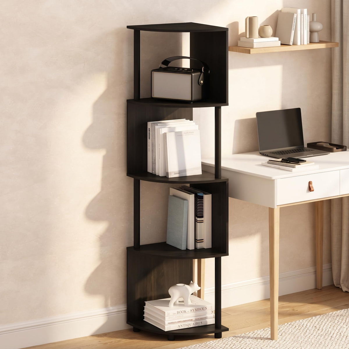 Basic Book Shelf, 4-Tier Bookshelf, Bookcase with Zigzag Corner Shelf, 14.2 x 14.2 x 57.7, for Living Room, Bedroom, Home Office, White/White