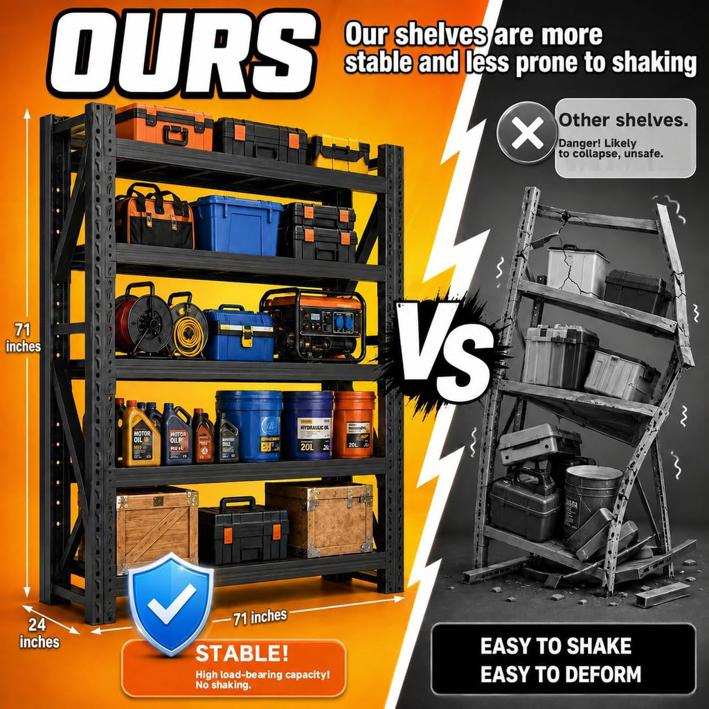 Heavy Duty Garage Shelving, Tool-Free Boltless Assembly, 7-Layer Rust-Resistant Coating, 6000LBS/Unit, Patented Dual-Chamber Beam, Expandable, Adjustable 4-Tier Rack (Black, 48 * 24 * 71inch)