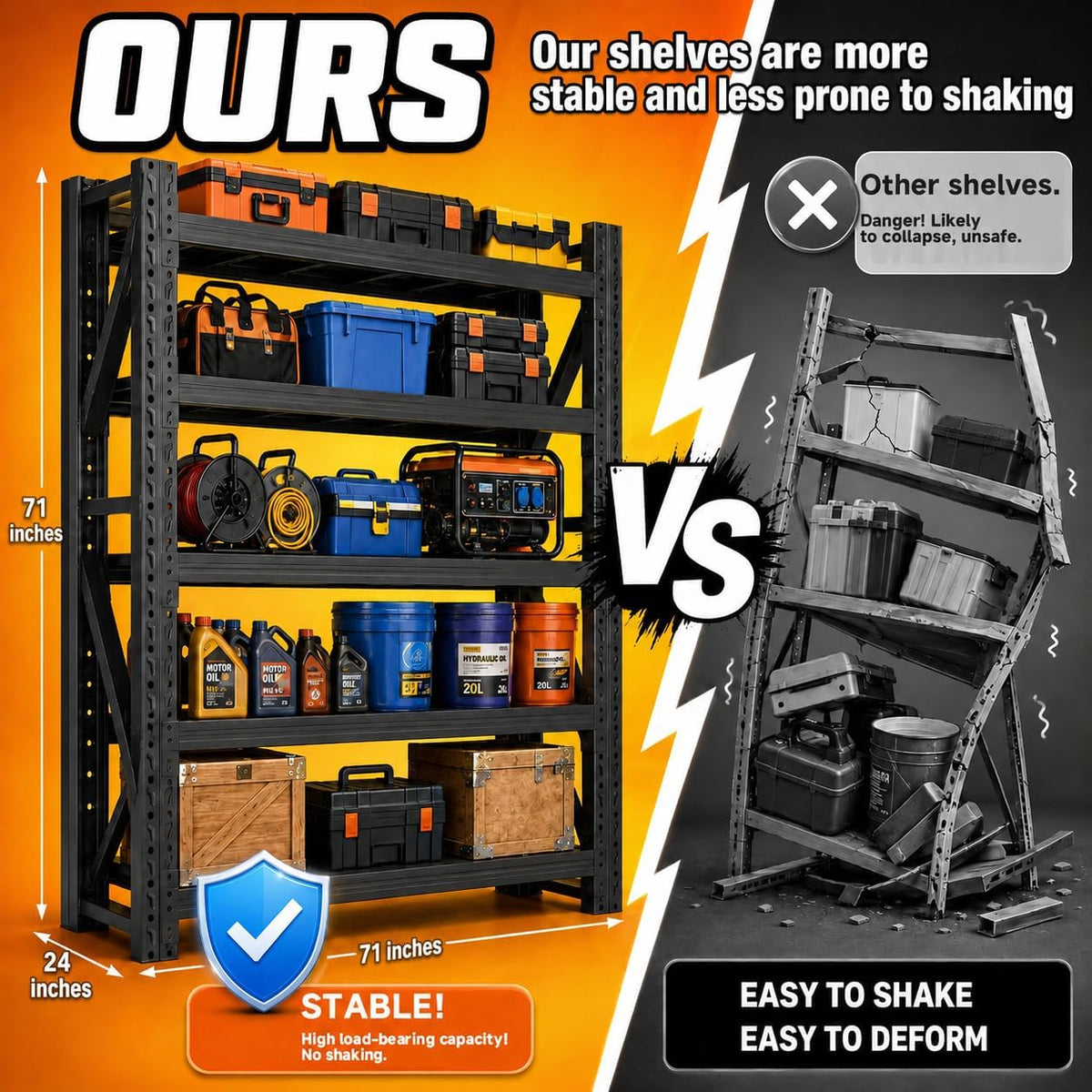 Heavy Duty Garage Shelving, Tool-Free Boltless Assembly, 7-Layer Rust-Resistant Coating, 6000LBS/Unit, Patented Dual-Chamber Beam, Expandable, Adjustable 4-Tier Rack (Black, 48 * 24 * 71inch)