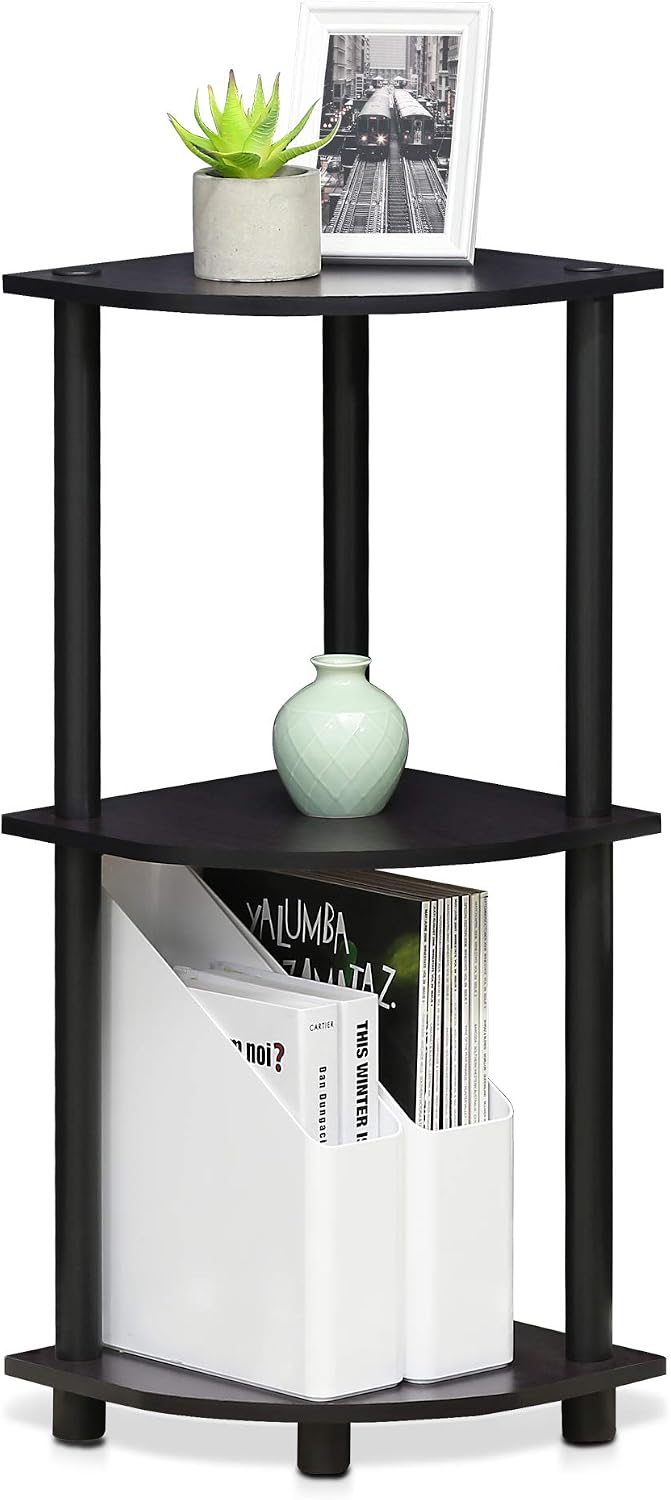 Turn-N-Tube Toolless Assembly 3-Tier Corner Shelf, Black Corner Book Shelf, Open Shelves Bookshelf, for Organization and Storage, Living Room, Home Office, Bedroom, Dark Mocha