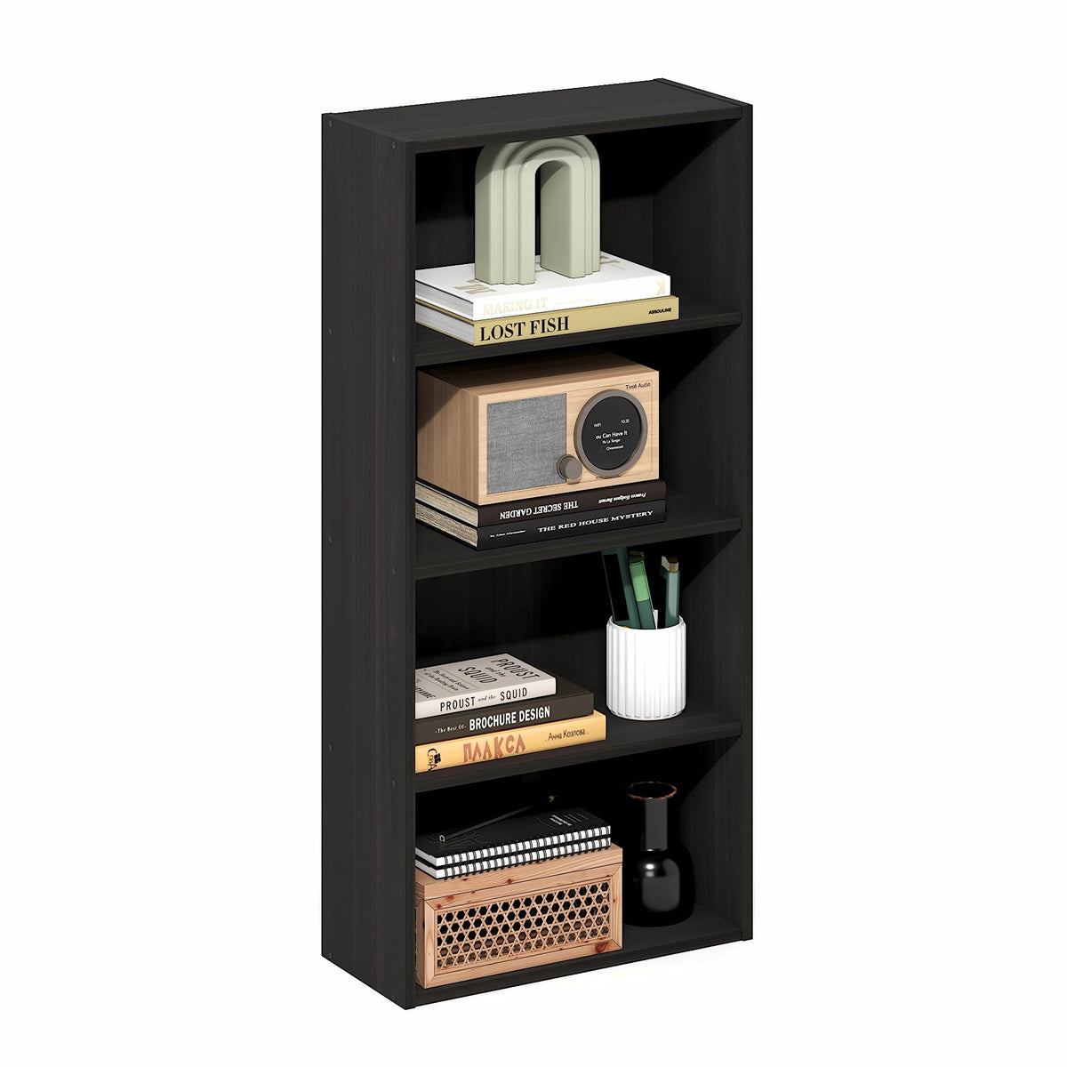 Basic Book Shelf, 4-Tier Bookcase with Open Shelf, Bookshelf, Cube Storage Organizer, 11 x 17 x 35, for Living Room, Bedroom, Home Office, Amber Pine