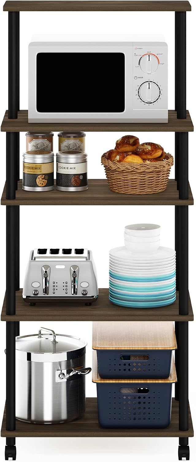 Turn-N-Tube 5-Tier Toolless Kitchen Storage Cart with Lockable Wheels, Columbia Walnut/Black