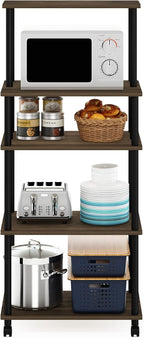 Turn-N-Tube 5-Tier Toolless Kitchen Storage Cart with Lockable Wheels, Columbia Walnut/Black