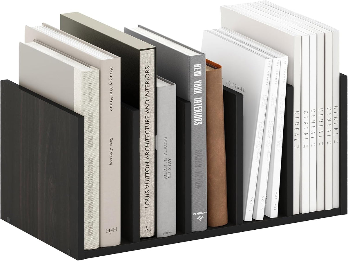 HERMITE Desk File Folder Organizers, 5-Space Vertical Desktop Office Organization Racks, Desk Top Display Book Shelf, for Paper, Office Supplies, Magazine, Espresso