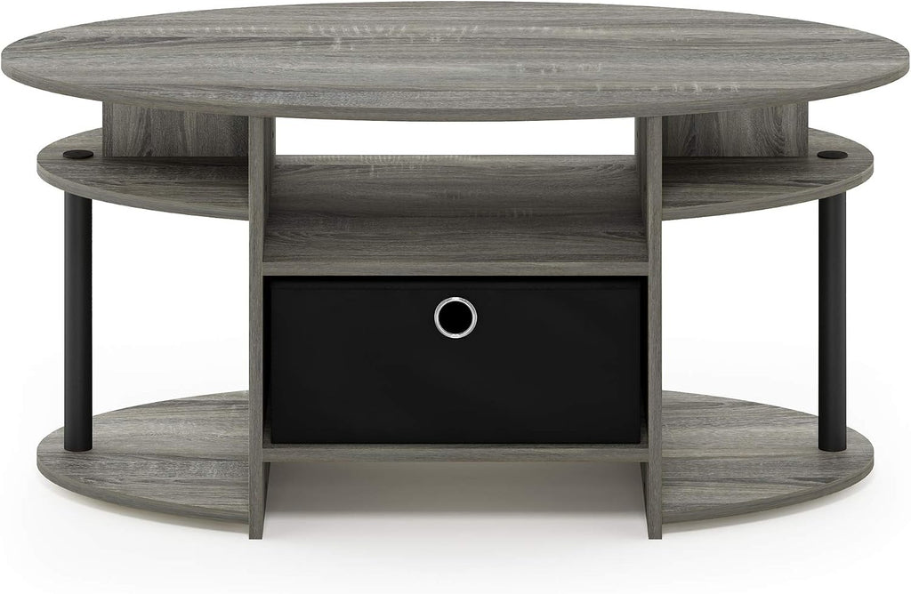 Jaya Oval Modern Grey Coffee Table with Side Shelves and Storage Bin, Side Table with Shelf, for Living Room, Bedroom, Home Office, Grey Oak