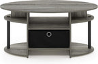 Jaya Oval Modern Grey Coffee Table with Side Shelves and Storage Bin, Side Table with Shelf, for Living Room, Bedroom, Home Office, Grey Oak