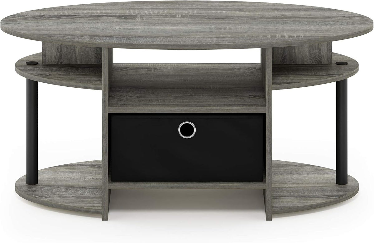 Jaya Oval Modern Grey Coffee Table with Side Shelves and Storage Bin, Side Table with Shelf, for Living Room, Bedroom, Home Office, Grey Oak