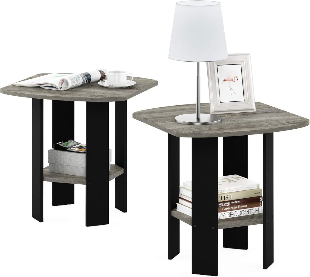 Simple Set of 2 Open Shelf 2-Tier Side Table, End Table, Grey Oak
