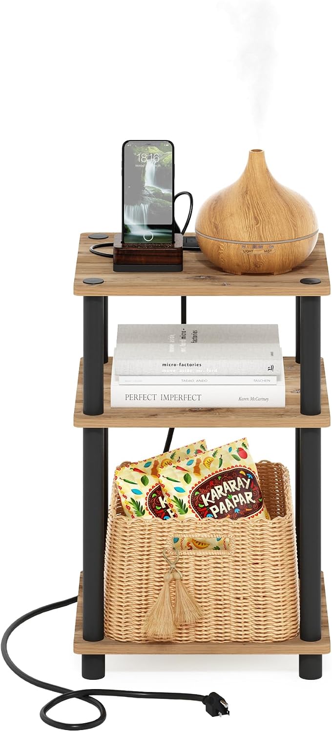 Just 3-Tier Turn-N-Tube USB and Type-C Charging Port End Table with Open Storage, 11.42 (W) x 8.82 (H) x 6.77 (D) inches, Flagstaff Oak/Black