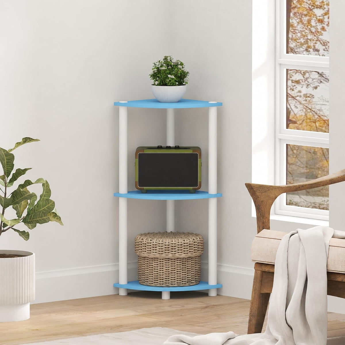 Turn-N-Tube Toolless Assembly 3-Tier Corner Shelf, Blue Corner Book Shelf, Open Shelves Bookshelf, for Organization and Storage, Living Room, Home Office, Bedroom, Soft Blue