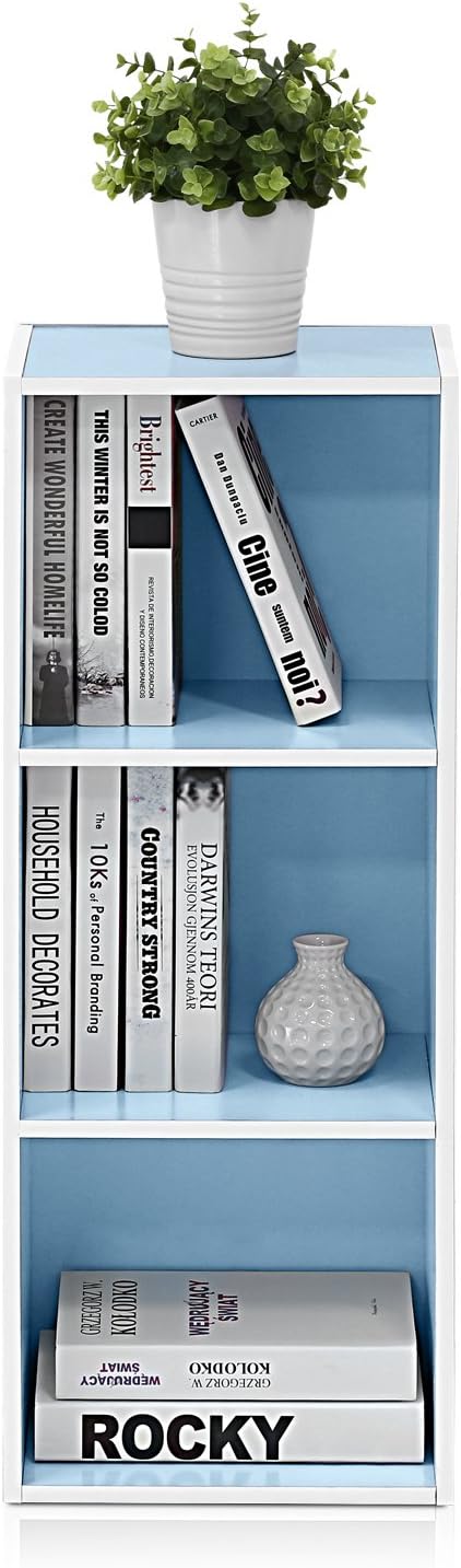 LUDER Book Shelf, 3-Cube Bookshelf, Bookcase with Open Shelves, 9.3 x 12 x 31.5, Easy Assembly, for Living Room, Bedroom, Home Office, White/Light Blue