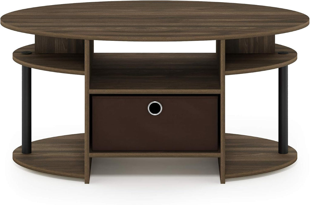 Jaya Simple Design Oval Coffee Table with Bin for Living Room, Columbia Walnut/Black/Dark Brown
