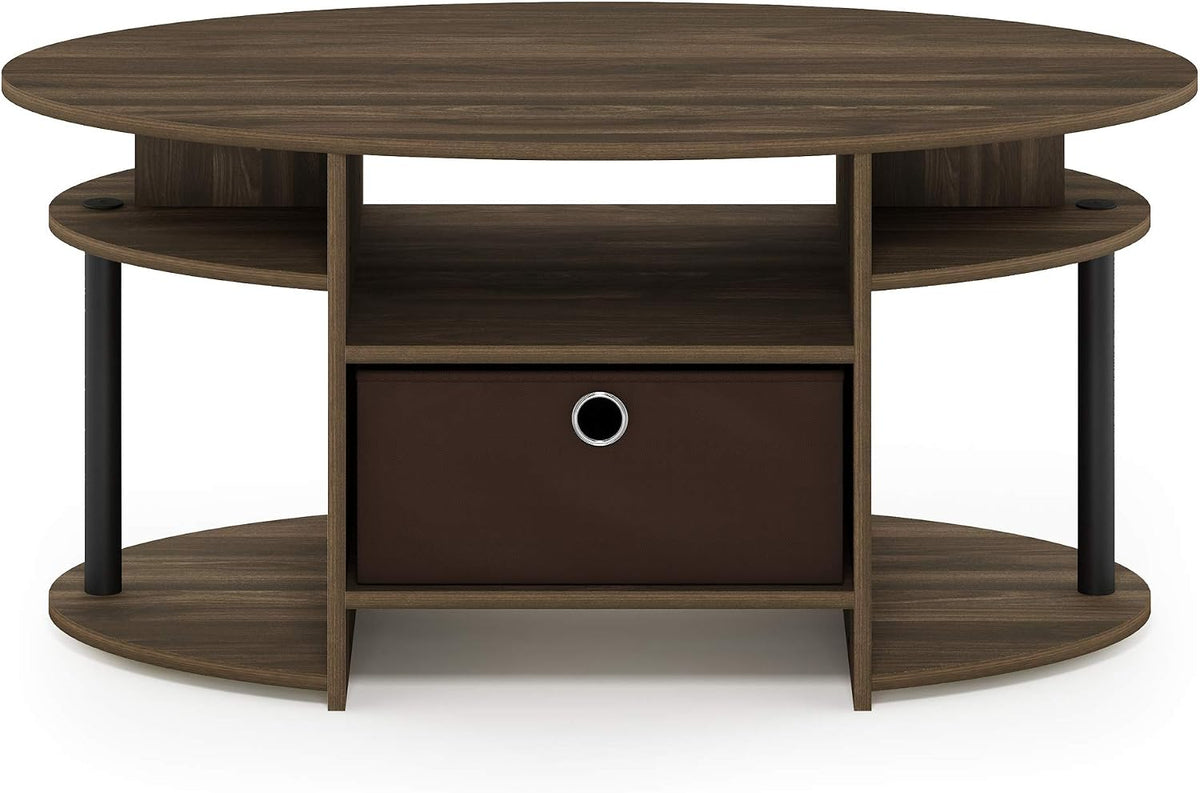Jaya Simple Design Oval Coffee Table with Bin for Living Room, Columbia Walnut/Black/Dark Brown