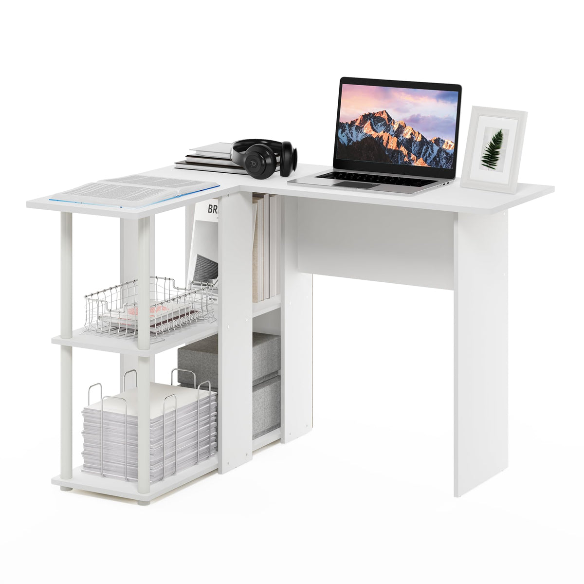 Abbott L-Shape Computer Desk with Bookshelf, French Oak Grey/Black