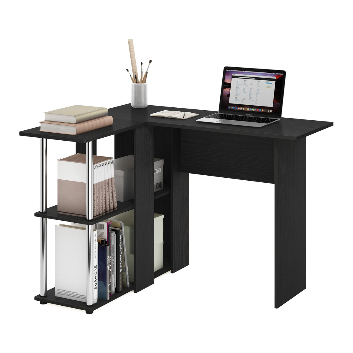 Abbott L-Shape Computer Desk with Bookshelf, Espresso/Black