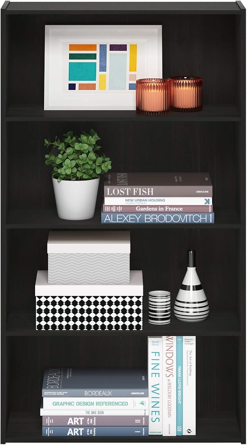 PASIR Book Shelf, 4-Tier Bookshelf, Bookcase with Open Shelf, 9.4 x 23.6 x 41.7, for Living Room, Bedroom, Home Office, Espresso