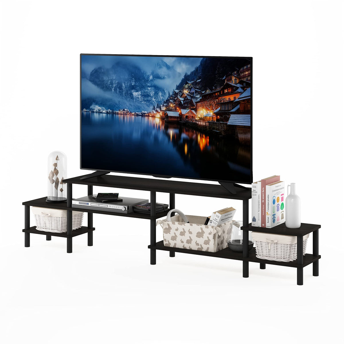 Turn-N-Tube TV Stand, Wide Open Frame Entertainment Center with Storage, TV Console with Tall Side Shelves for TV up to 48 Inch, for Living Room, Bedroom, Espresso