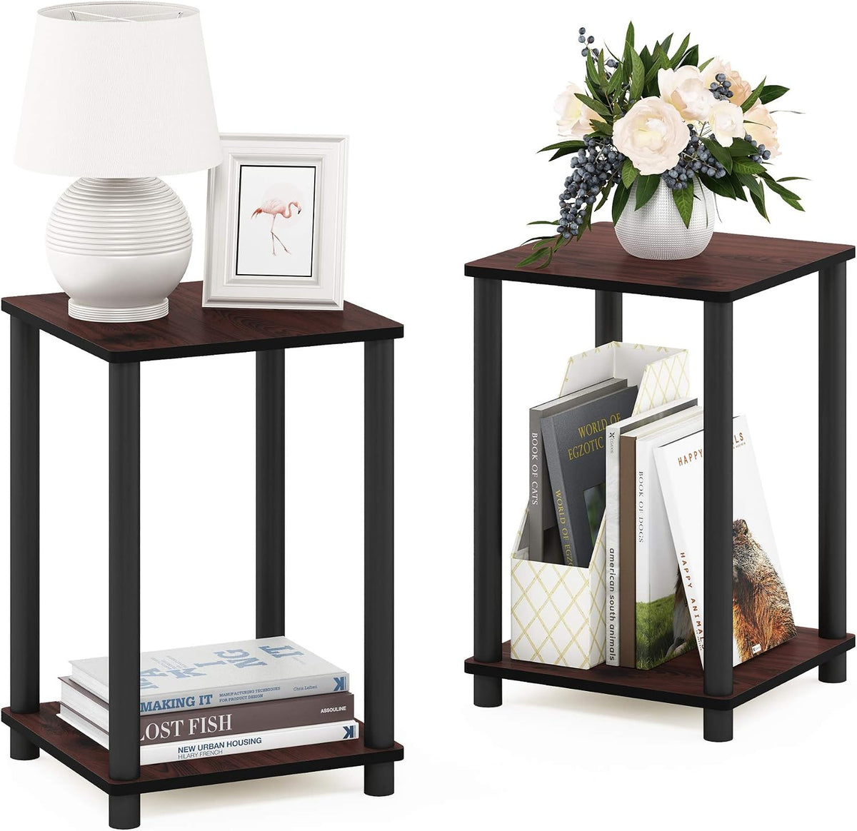 Turn-N-Tube Night Stand Set of 2, 2-Tier Nightstand, Dark Cherry