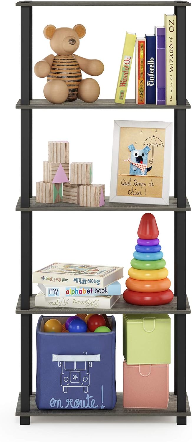 TURN-S-TUBE Book Shelf, 5-Tier Toolless Storage Shelves with Square Tubes, Shelving Unit for Organization and Storage for Living Room, Home Office, French Oak