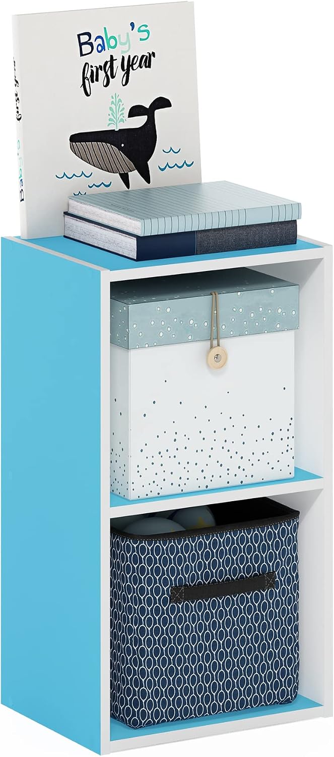 PASIR Book Shelf, 2-Tier Modern Bookshelf, Open Shelves Bookcase 9 x 12 x 21, Easy Assembly, for Living Room, Bedroom, Home Office, Light Blue/White