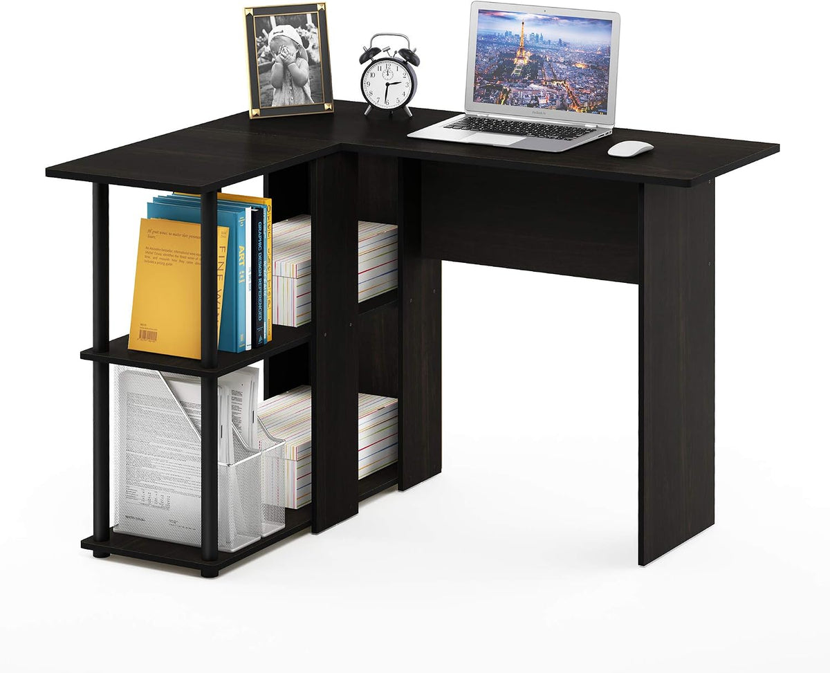 Abbott L-Shape Computer Desk with Bookshelf, Espresso/Black