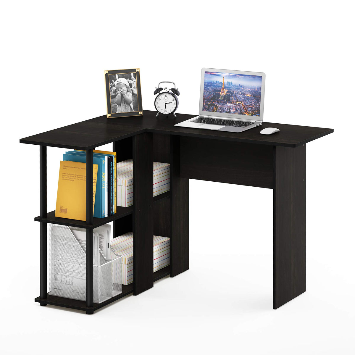 Abbott L-Shape Desk with Bookshelf, 41.14 (W) x 28.94 (H) x 34.45 (D) inches, White/White